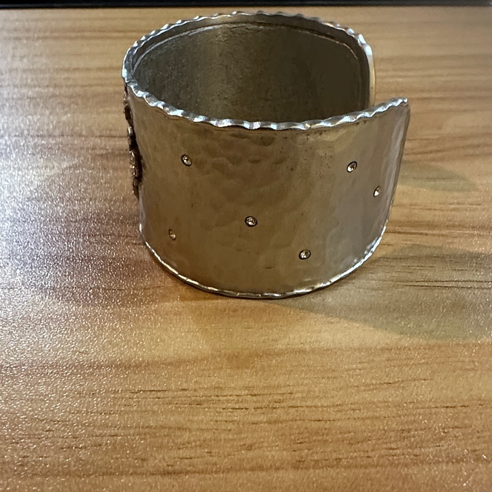 Virgin Saints and Angels Silver Hammered Cuff Bracelet with Crystal Cross Accent - Picture 3 of 5